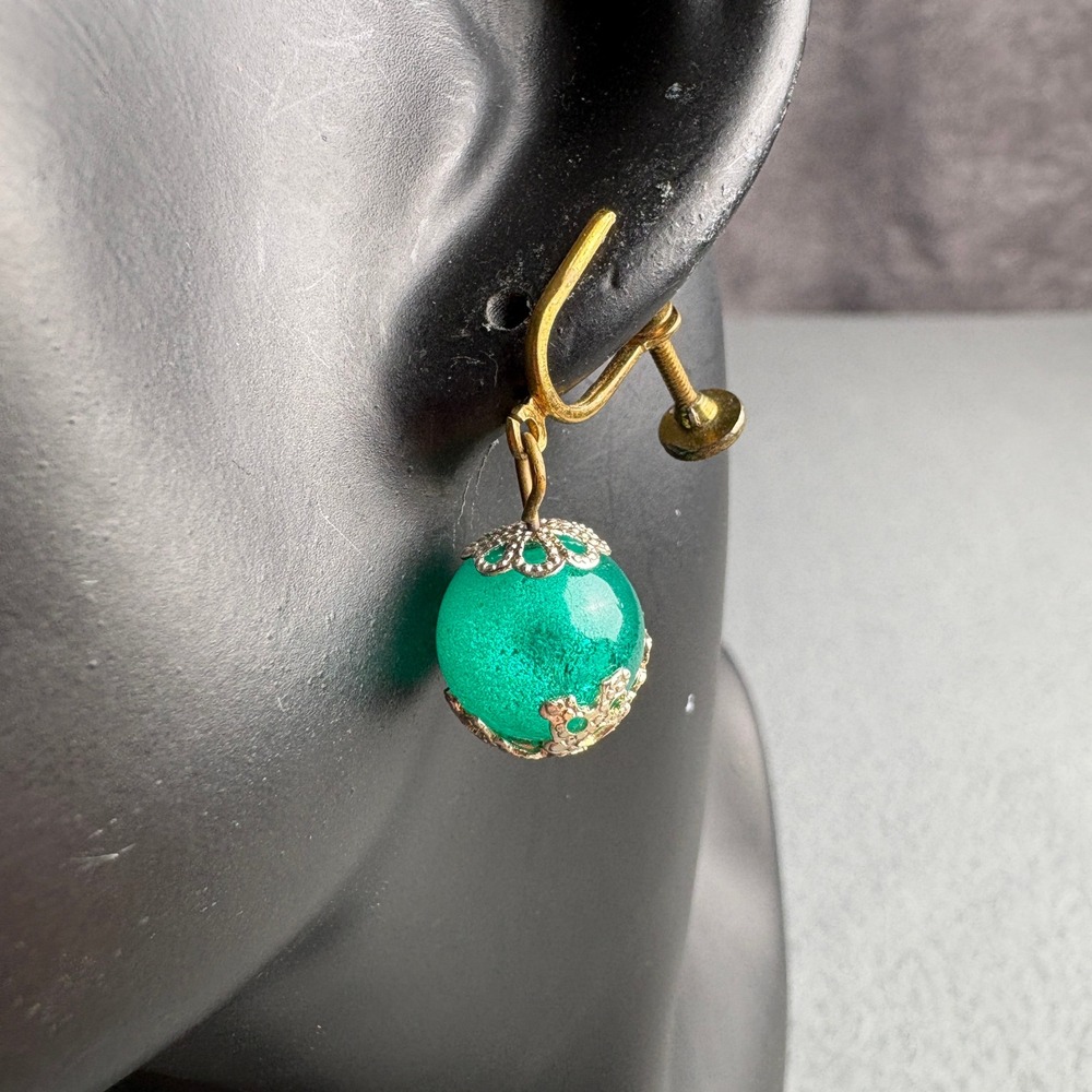 Vintage Green Orb Filigree Dangle Earrings Screw Back Mid Century Retro Jewelry